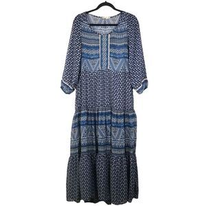 Anthropologie Floreat Tiered Peasant Maxi Dress Blue Mixed Media Print Size 8